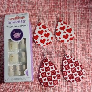 Valentine's Day 💌 Impress No Glue Pedicure Toenails & 2 Pair of Earring Set NWT